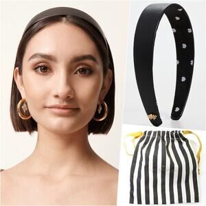 RARE Lele Sadoughi Jet Black Leather Flat Headband Gold Logo